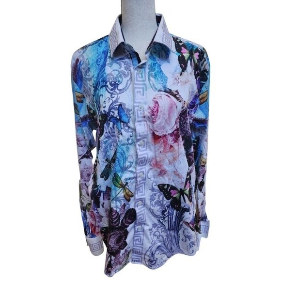 Barabas Mens Long Sleeve Floral Butterfly Shirt Size Large